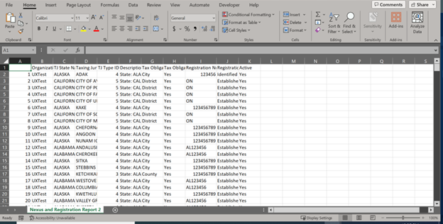 An image of the Nexus and Registration Report in CSV format