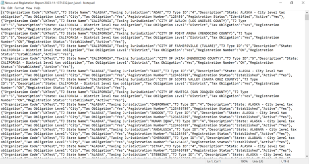 An image of the Nexus and Registration Report in JSON format