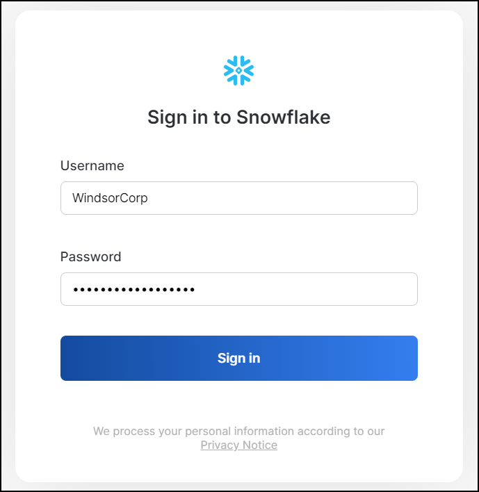 The Snowflake login screen with fields for username and password