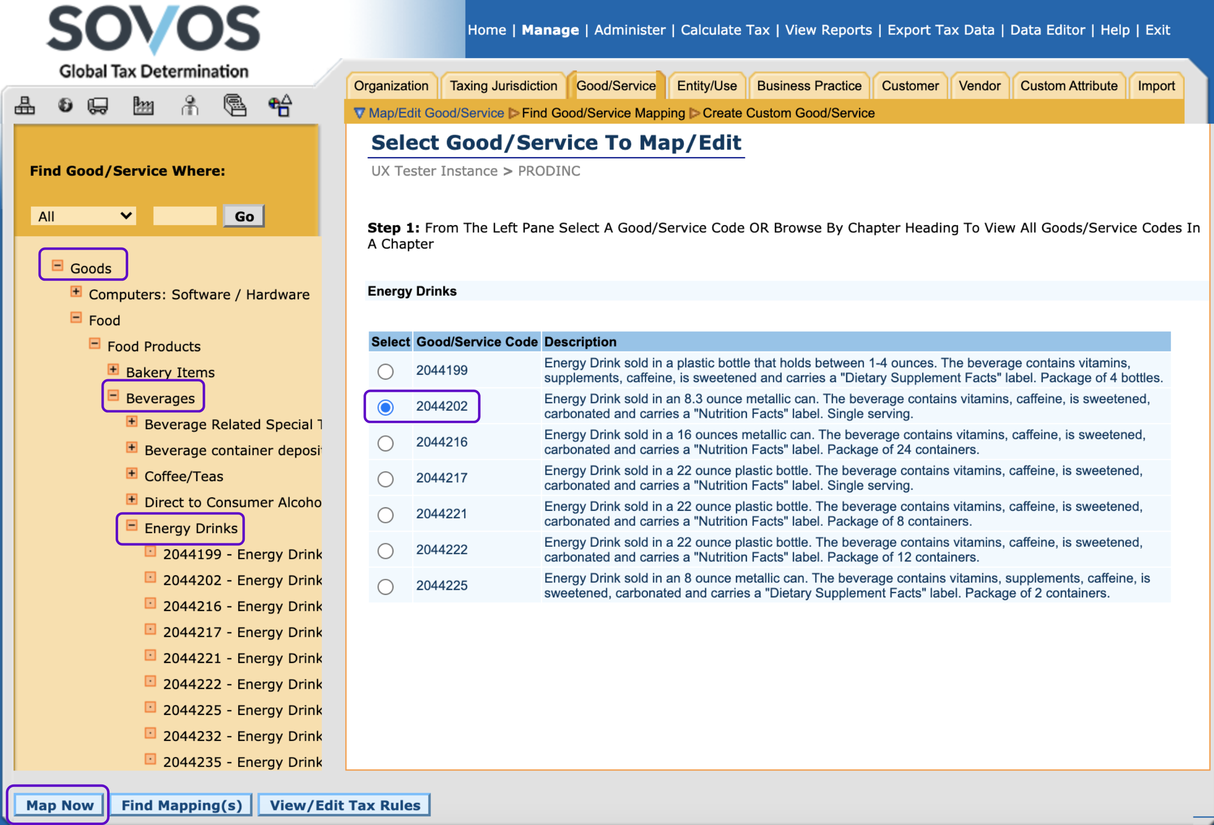 Image of the GTD screen. In the left menu there are Goods/Service codes organized in a hierarchy of broadest to narrowest. This example shows a code organized in the following way: Goods, Food, Beverages, Energy Drinks, code. In the center of the screen is a table that shows all of the codes in the Energy Drinks subcategory, and each code has a description of the specific kind of product that the code applies to.