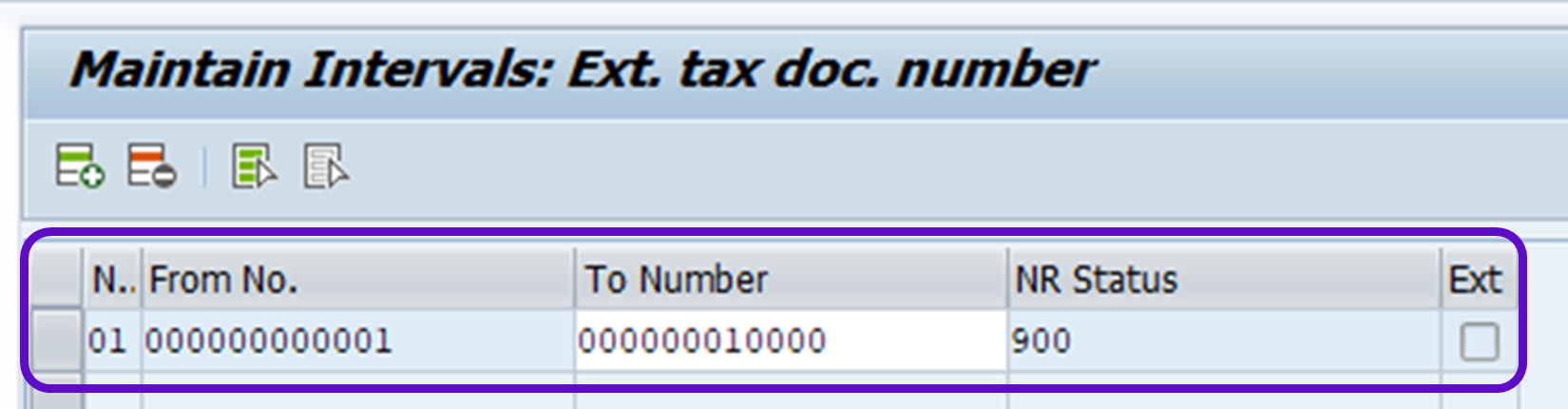 A screen called Maintain Intervals: Ext. tax doc. number. If you don't want to enter your own values, you can enter the information from this example. Under the No. column, enter the number 01. Under the From No. column, enter 000000000001. Under the To Number column, enter 000000010000. Under the NR Status column, enter 900. Leave the Ext checkbox blank.